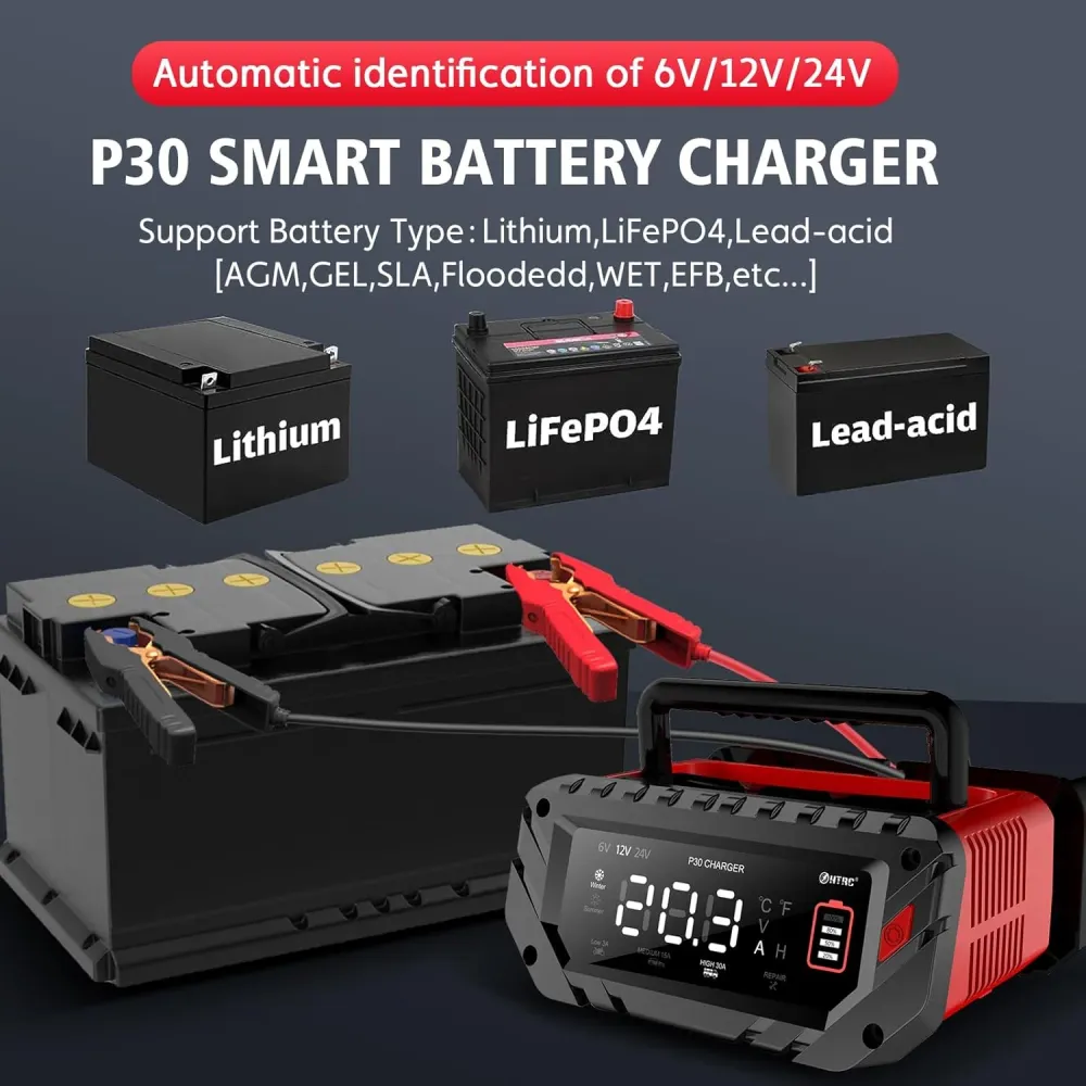 NOEIFEVO 6V 10A/12V 30A/24V 16A älykäs akkulaturi auton akuille, moottoripyörille, ruohonleikkureille, veneille, sopii lit...