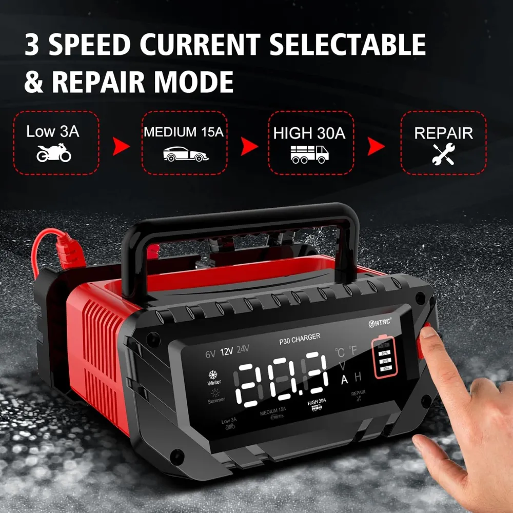 NOEIFEVO 6V 10A/12V 30A/24V 16A älykäs akkulaturi auton akuille, moottoripyörille, ruohonleikkureille, veneille, sopii lit...