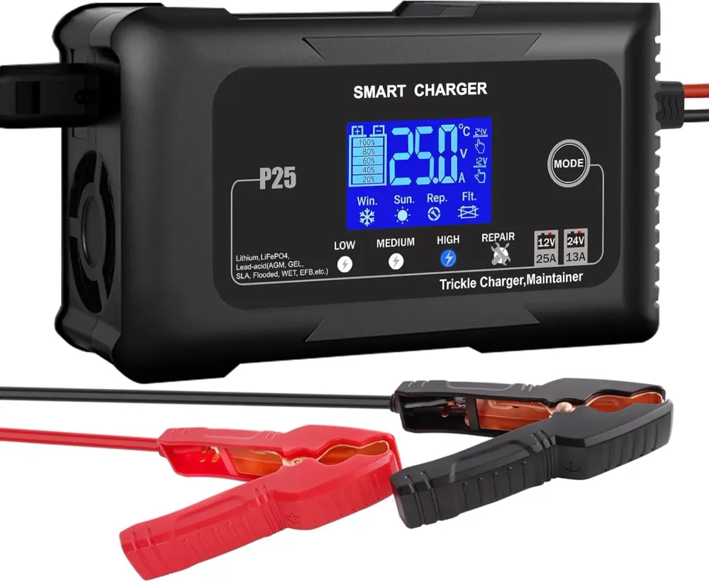 NOEIFEVO 25A Auton akun laturi, 12V 25A/24V 13A ylläpitolaturi autolle, moottoripyörälle, ruohonleikkurille, veneelle, lit...