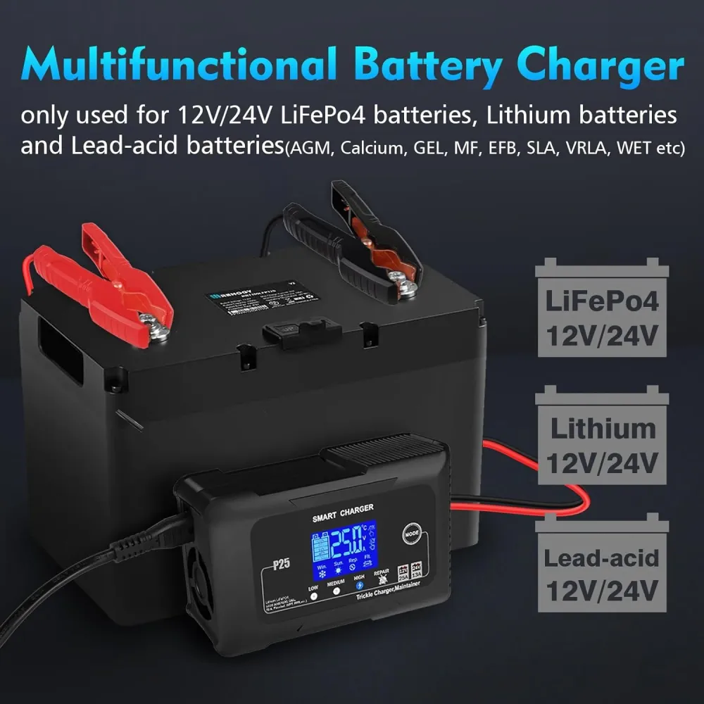NOEIFEVO 25A Auton akun laturi, 12V 25A/24V 13A ylläpitolaturi autolle, moottoripyörälle, ruohonleikkurille, veneelle, lit...