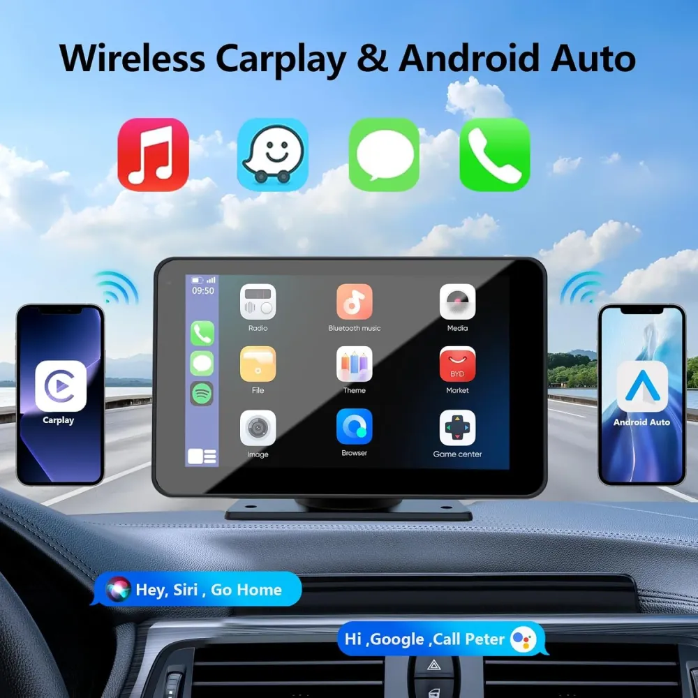 Langaton CarPlay ajoneuvoille, 7" HD GPS-navigaatiolla kannettava auto-stereo-kosketusnäyttö Apple CarPlaylla, Android Aut...