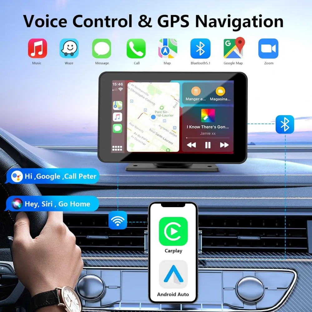 Langaton CarPlay ajoneuvoille, 7" HD GPS-navigaatiolla kannettava auto-stereo-kosketusnäyttö Apple CarPlaylla, Android Aut...