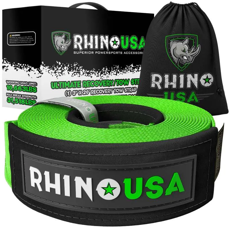 Rhino USA Recovery Tow Strap 3Inx30Ft (Green)