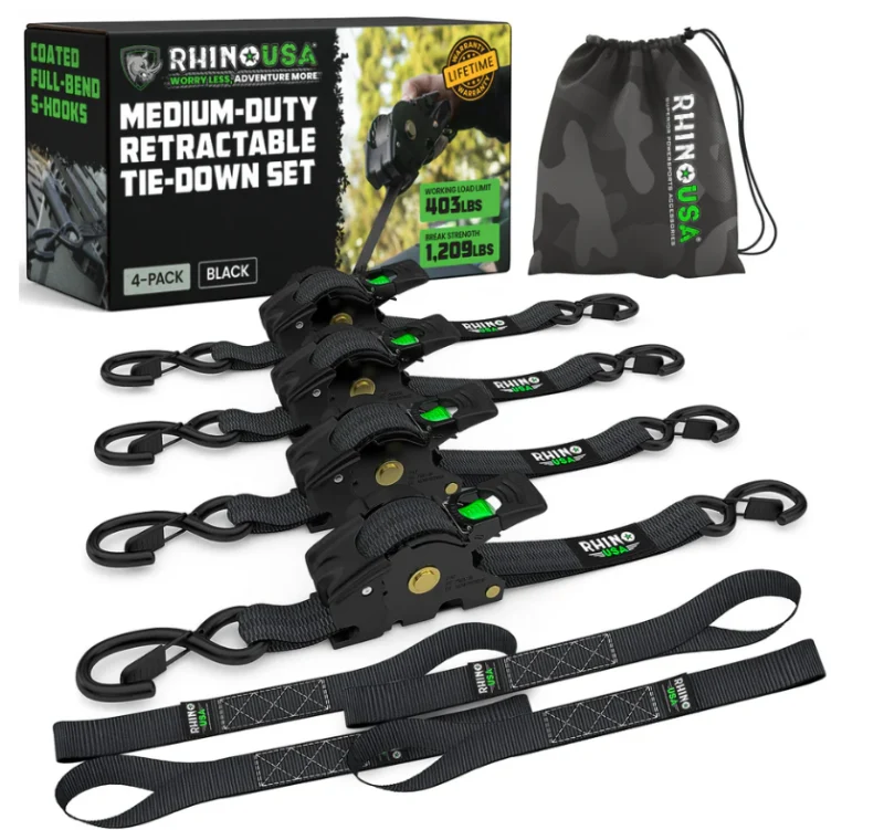 Rhino USA Retractable Ratchet Straps (4Pk 1Inx10Ft) (Black)